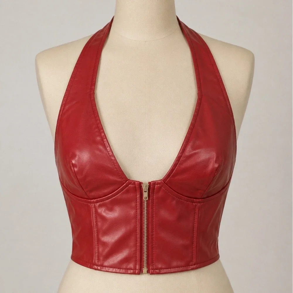 Fashion Nova Giulia PU Halter Top Womens L Burgundy NEW Faux Leather Corset Zip